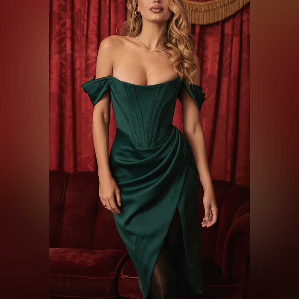 Loretta emerald green satin off the shoulder dress, WORN ONCE